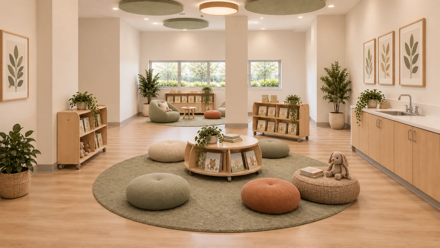 Proposed reading & story corner · 201 SW with curved banquette seating and book displays.