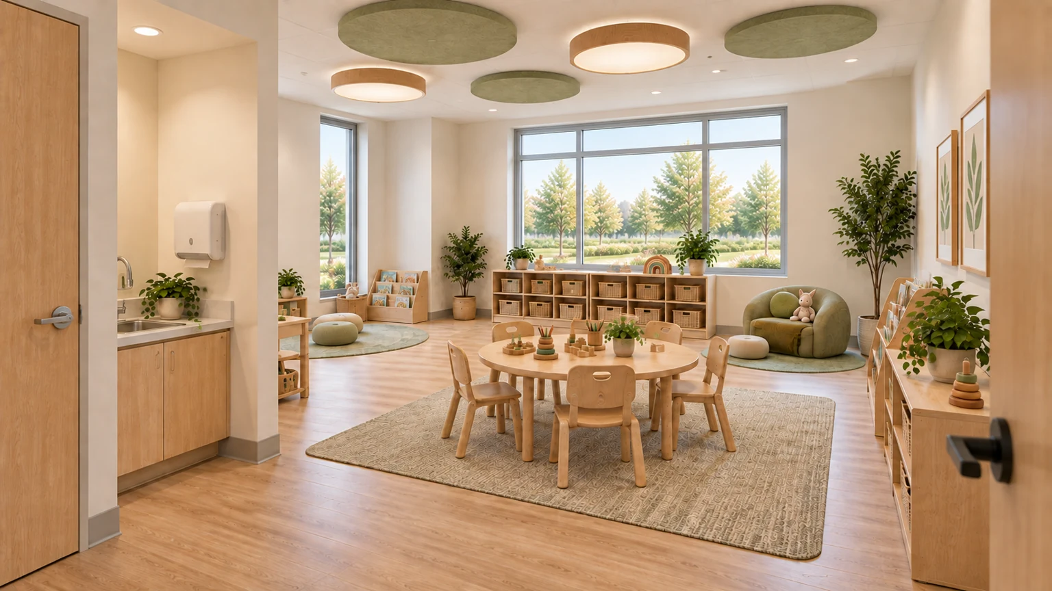 Proposed care room · 104 with coordinated light oak, sage and warm-white finishes.