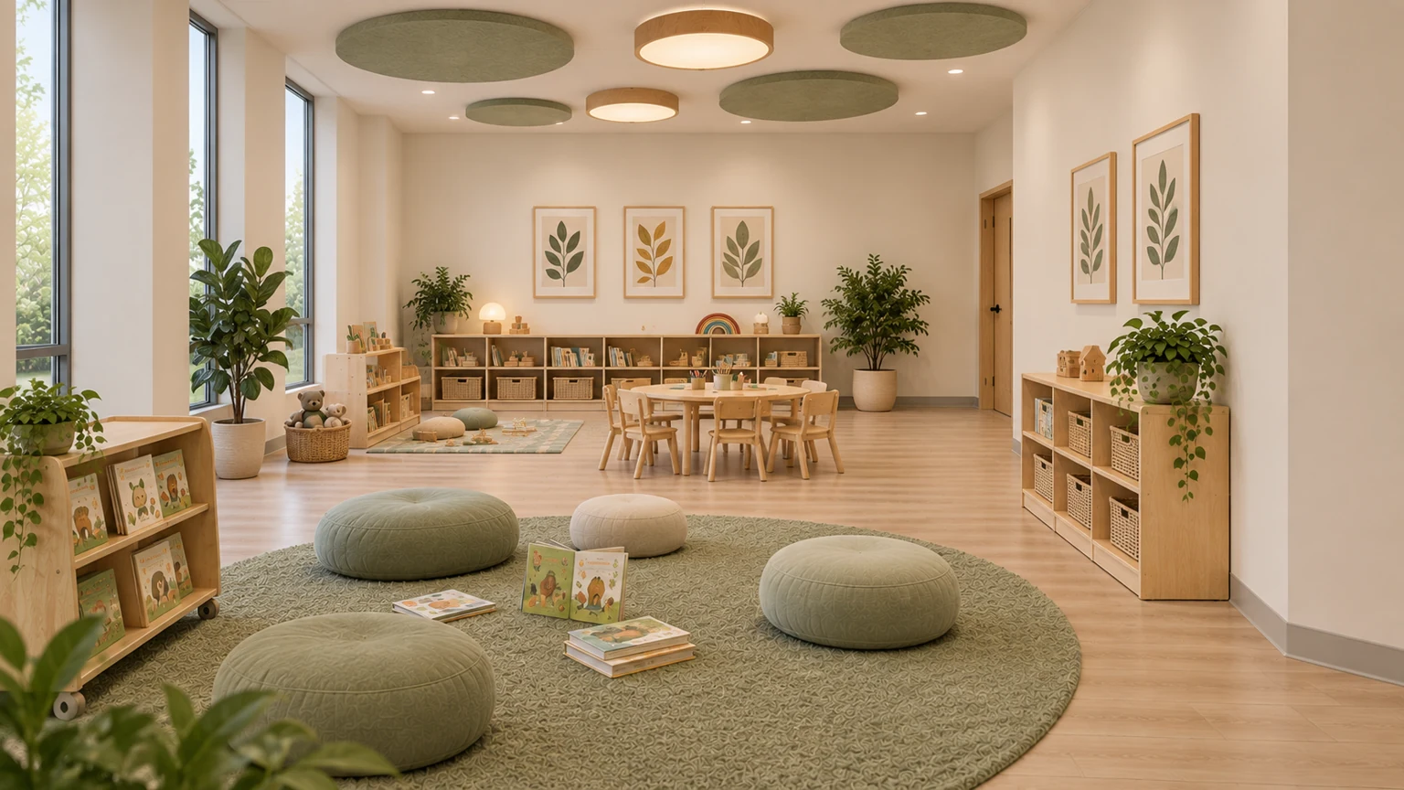 Proposed care room · 105 with coordinated light oak, sage and warm-white finishes.