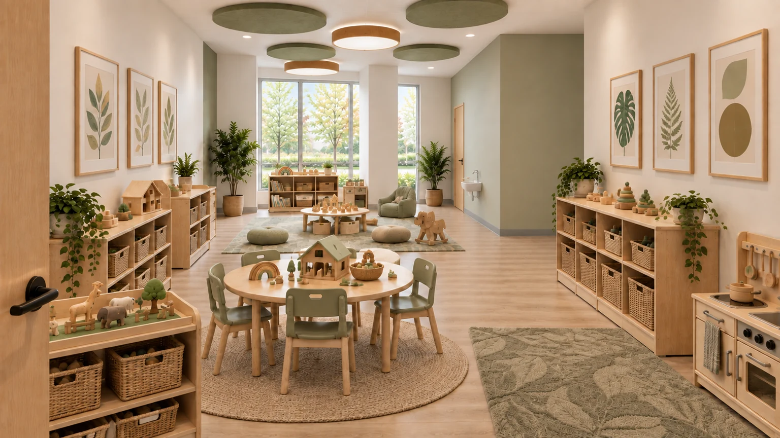 Proposed care room · 106 with coordinated light oak, sage and warm-white finishes.