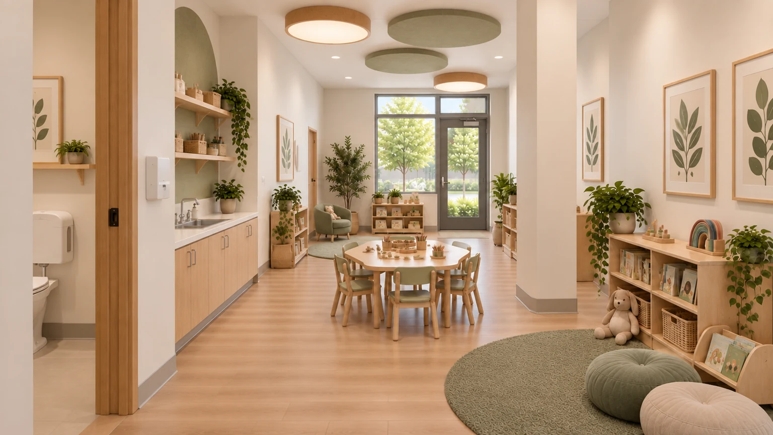 Proposed care room · 107 with coordinated light oak, sage and warm-white finishes.