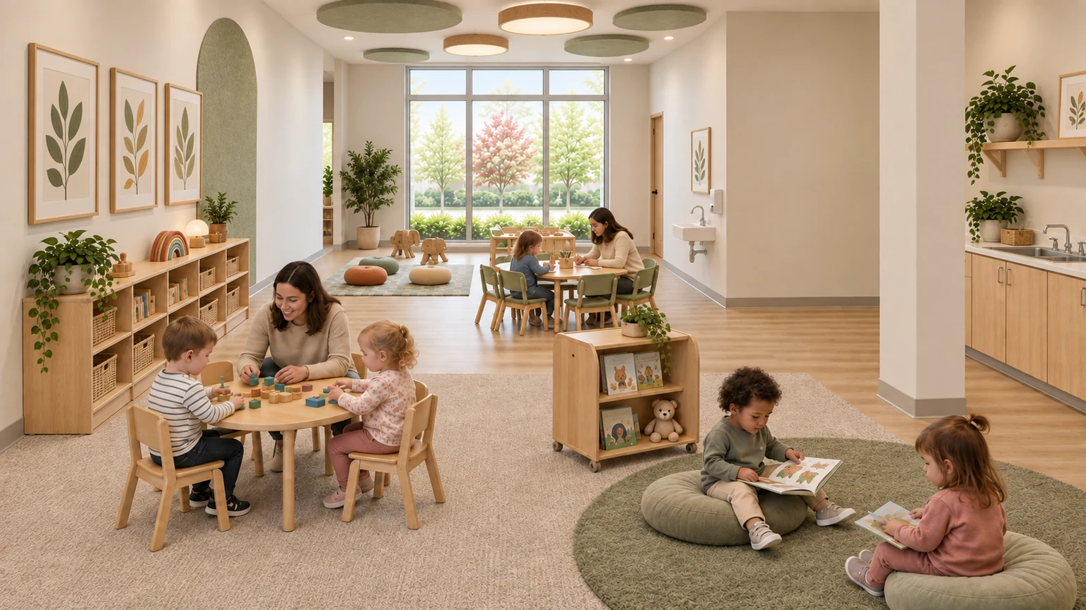 Proposed care room · 108 with coordinated light oak, sage and warm-white finishes.