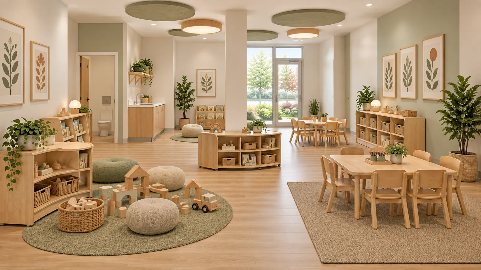 Proposed care room · 109 with coordinated light oak, sage and warm-white finishes.