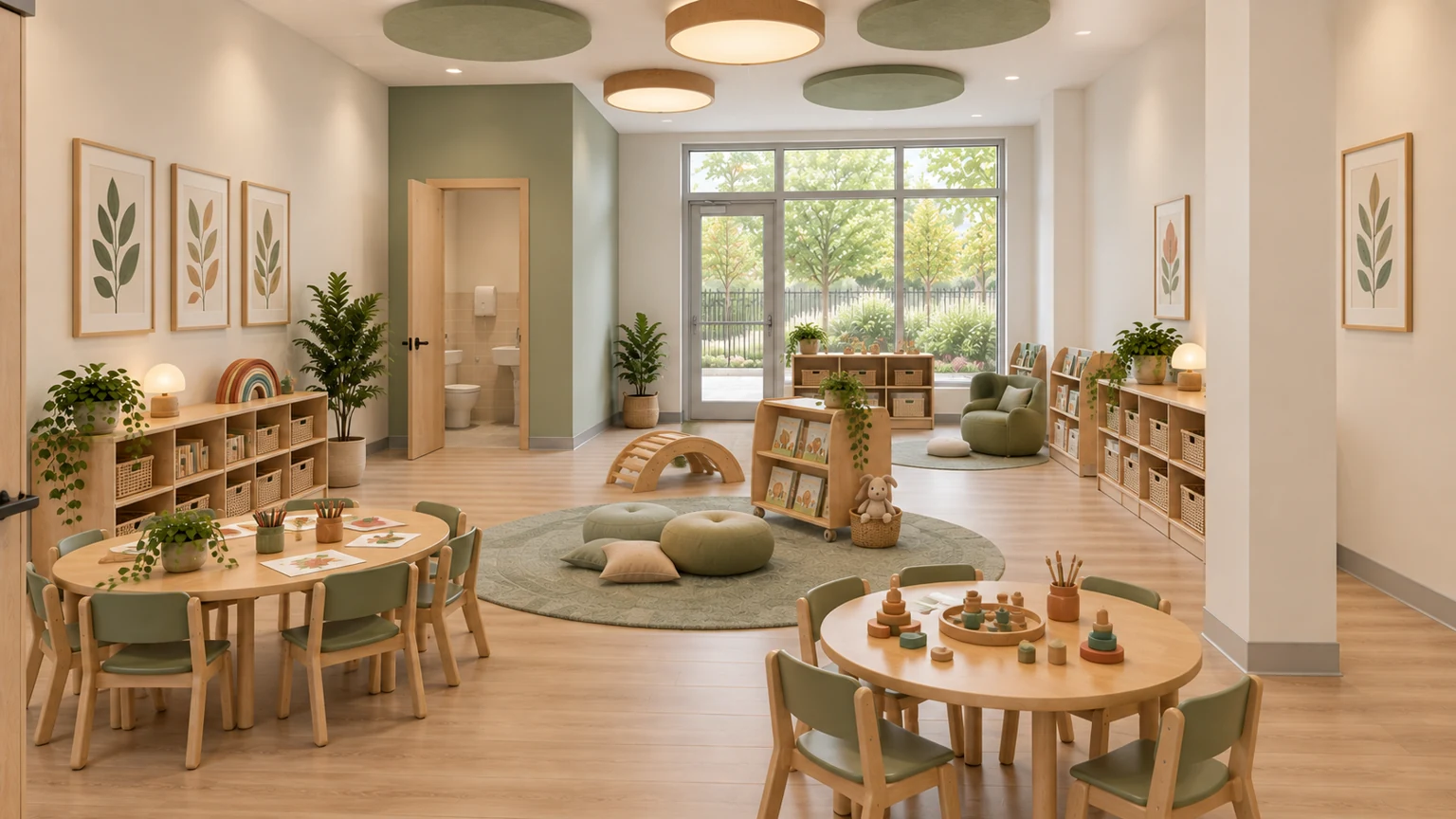 Proposed care room · 110 with coordinated light oak, sage and warm-white finishes.