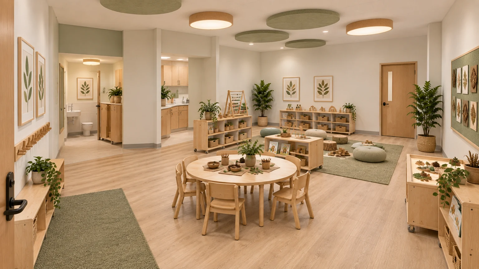 Proposed care room · 112 with coordinated light oak, sage and warm-white finishes.