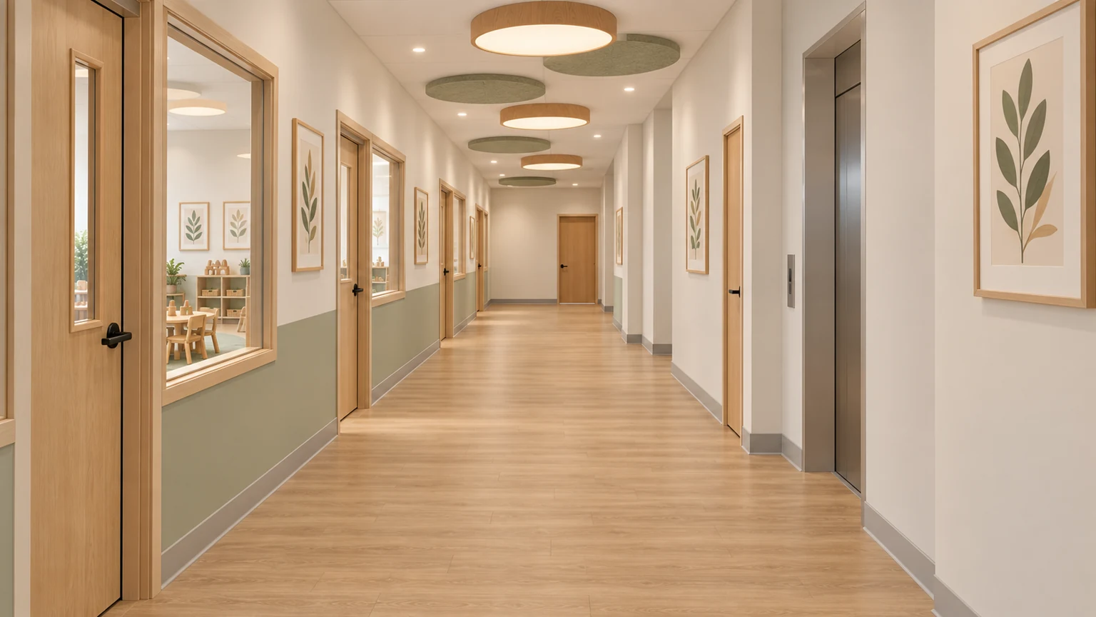 Proposed care hallway · 103 with coordinated light oak, sage and warm-white finishes.