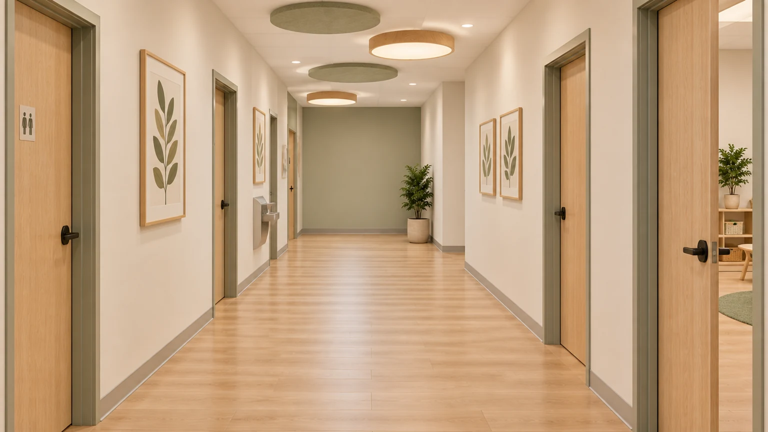 Proposed second-floor hallway · 209 with coordinated light oak, sage and warm-white finishes.