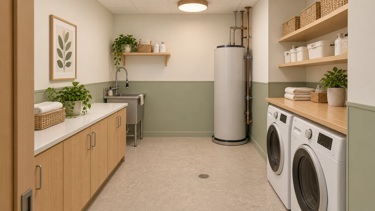 Proposed laundry · 114 with coordinated light oak, sage and warm-white finishes.