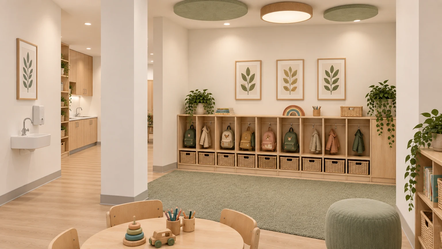 Proposed lockers & storage · 115 with coordinated light oak, sage and warm-white finishes.