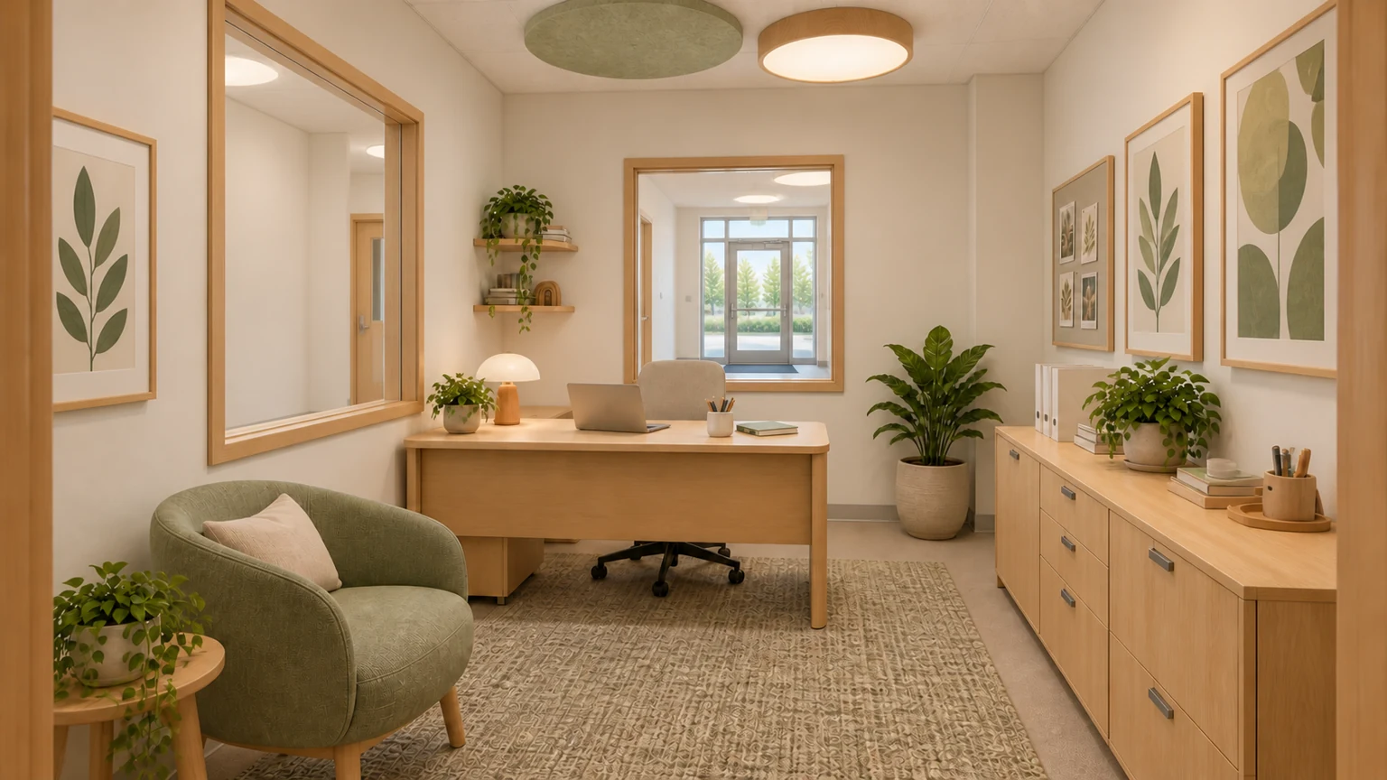 Proposed office · 102 with coordinated light oak, sage and warm-white finishes.