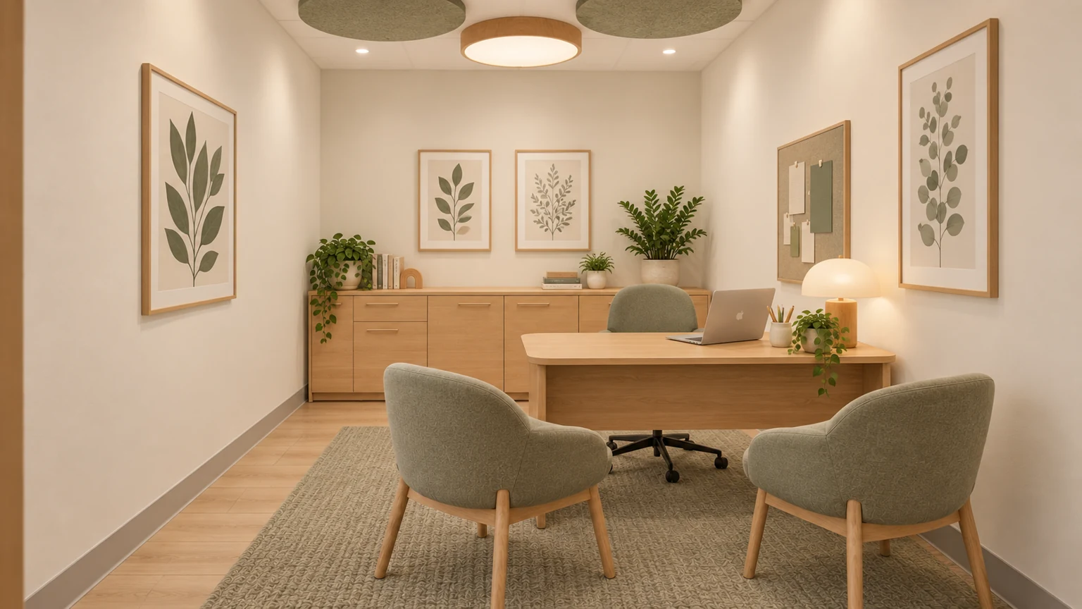 Proposed office · 202 with coordinated light oak, sage and warm-white finishes.