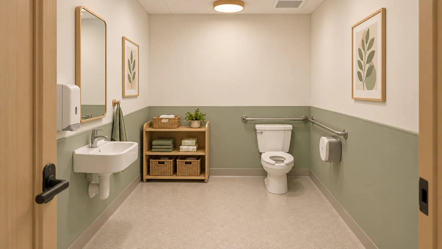 Proposed restroom · 116 with coordinated light oak, sage and warm-white finishes.