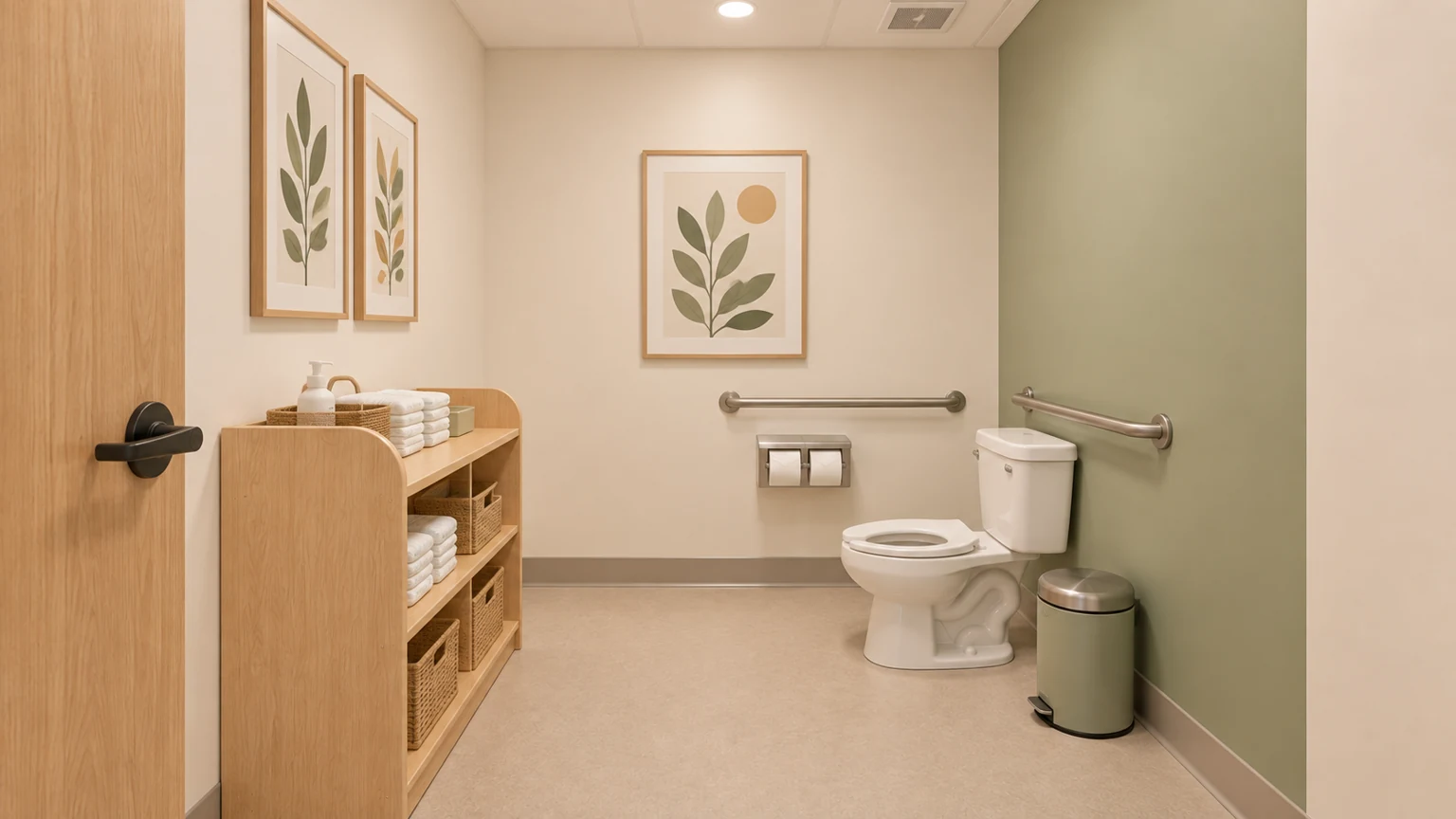 Proposed restroom · 117 with coordinated light oak, sage and warm-white finishes.