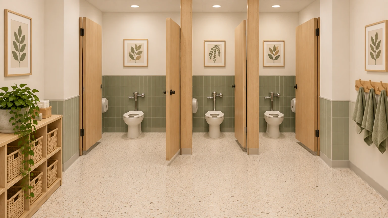 Proposed restroom · 118 with coordinated light oak, sage and warm-white finishes.