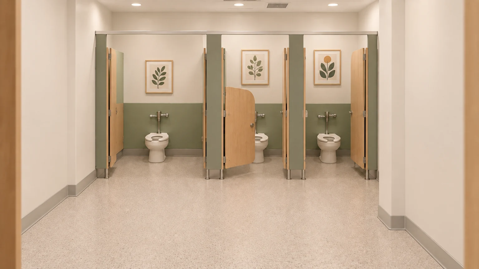 Proposed restroom · 119 with coordinated light oak, sage and warm-white finishes.