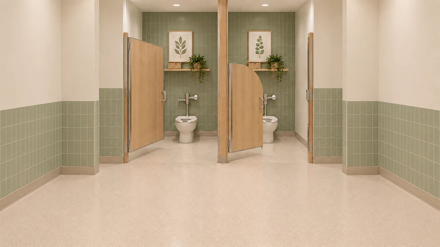 Proposed restroom · 120 with coordinated light oak, sage and warm-white finishes.