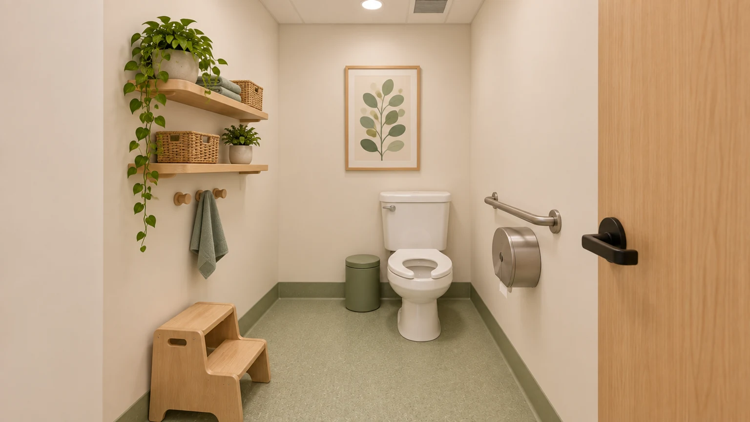 Proposed restroom · 121 with coordinated light oak, sage and warm-white finishes.