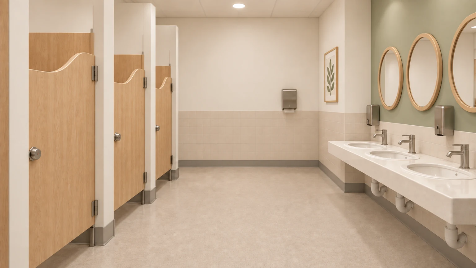 Proposed restroom · 203 with coordinated light oak, sage and warm-white finishes.