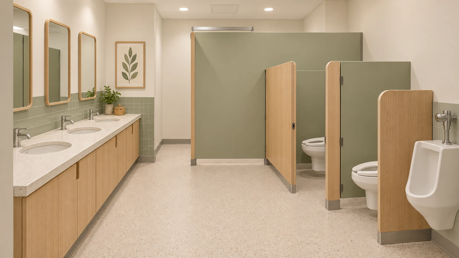 Proposed restroom · 204 with coordinated light oak, sage and warm-white finishes.