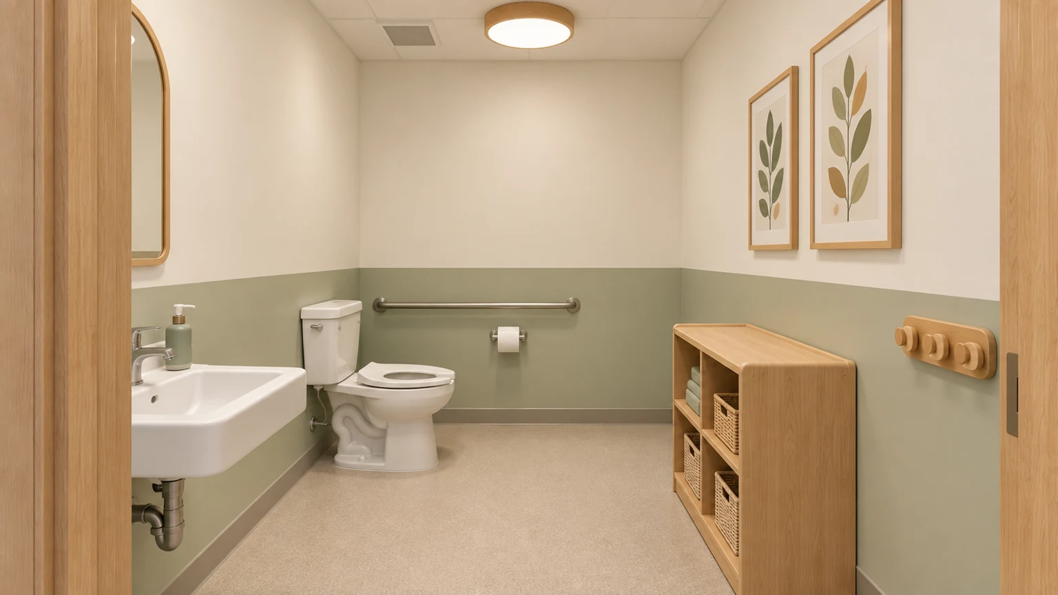 Proposed restroom · 205 with coordinated light oak, sage and warm-white finishes.