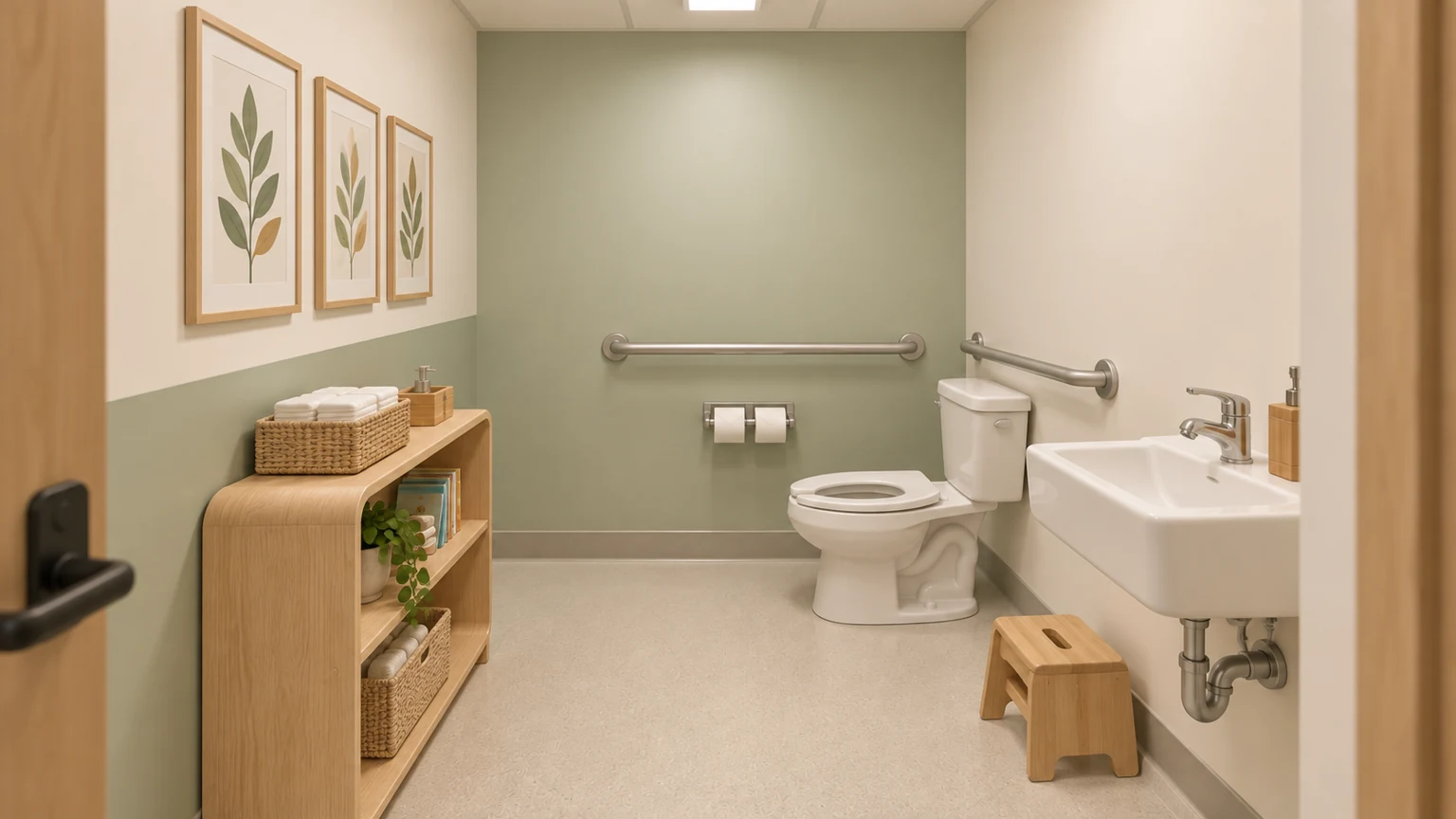 Proposed restroom · 206 with coordinated light oak, sage and warm-white finishes.