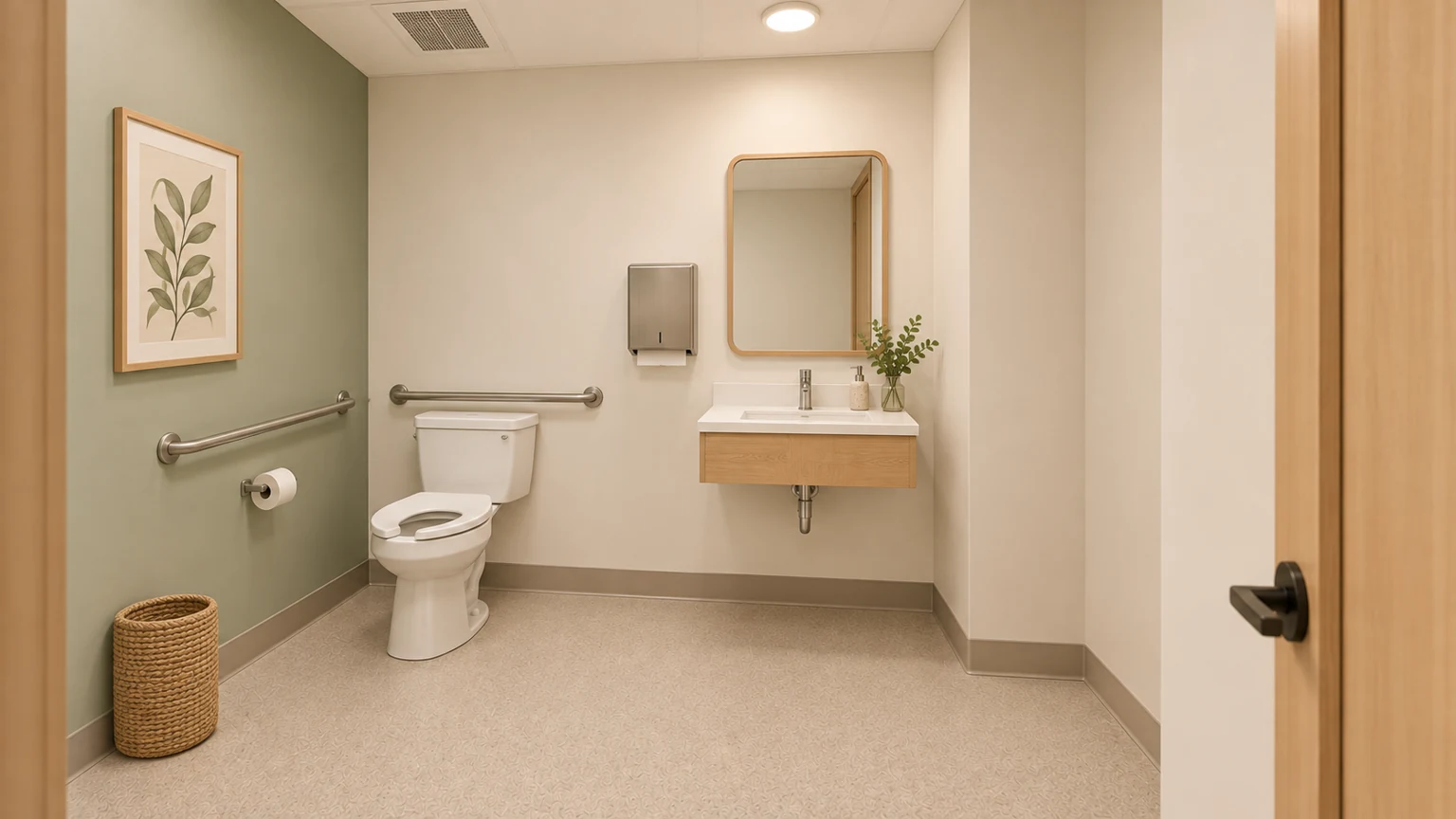 Proposed restroom · 208 with coordinated light oak, sage and warm-white finishes.