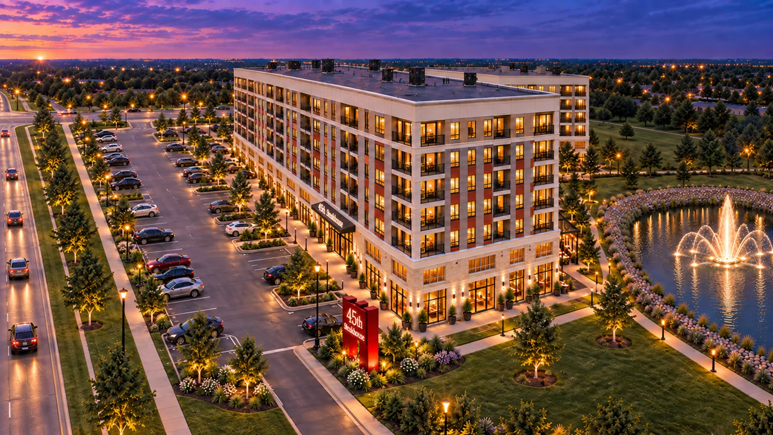 Proposed 45th Steakhouse exterior with the west parking lot at 4474.