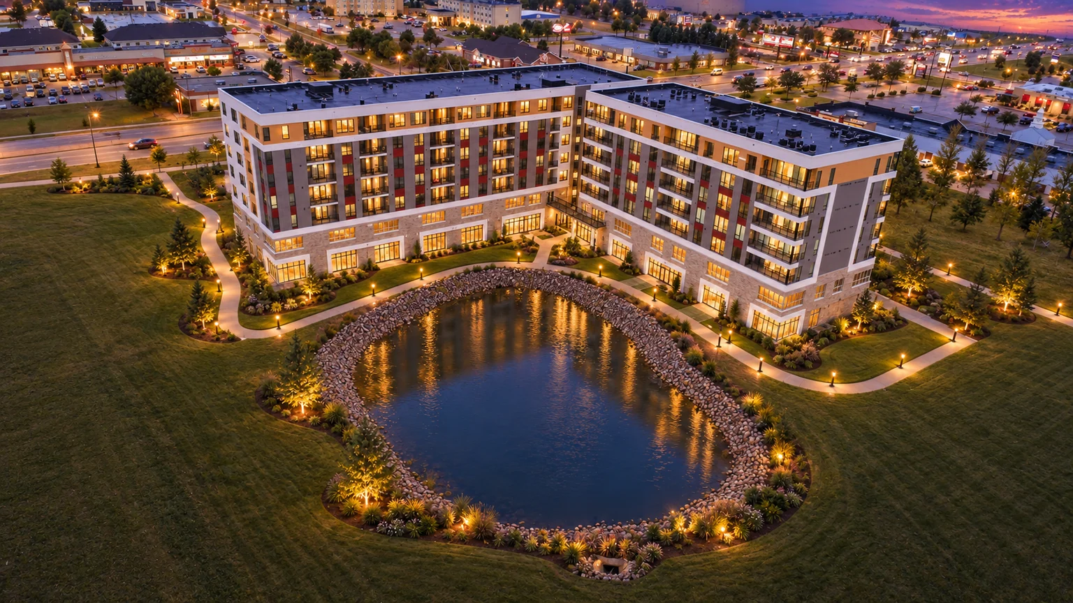 Dusk concept of 4474, the left-hand building beside the pond, based on the supplied aerial photograph.