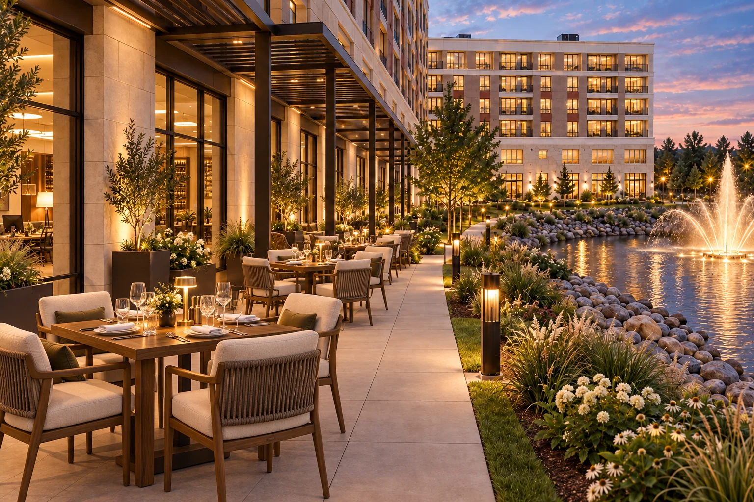 Proposed 45th Steakhouse outdoor dining at the east terrace, with the separate path and pond bank.