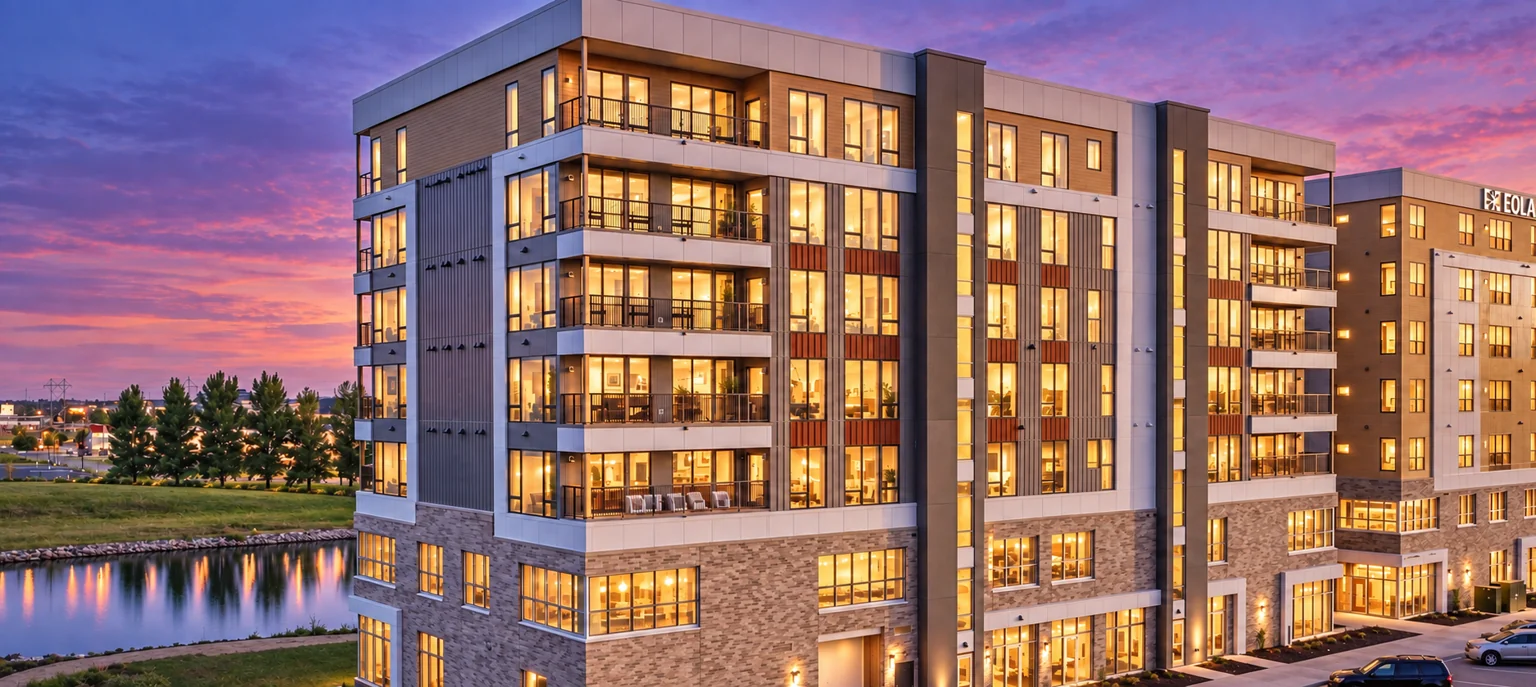 MAKT at EOLA beside the pond, shown in a dusk marketing illustration