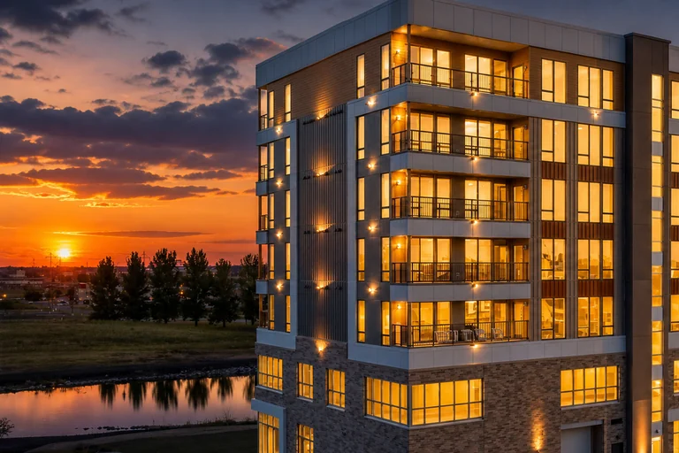 MAKT apartment exterior at sunset with illuminated windows