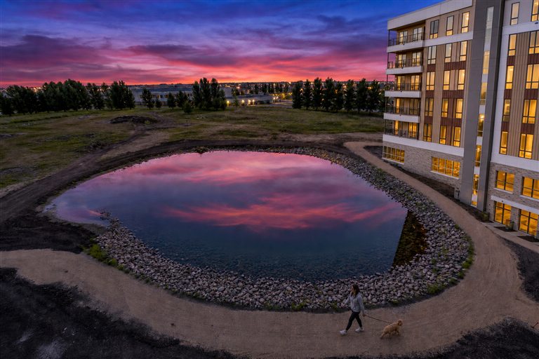 Resident walking a dog beside the MAKT pond and walking path at sunset