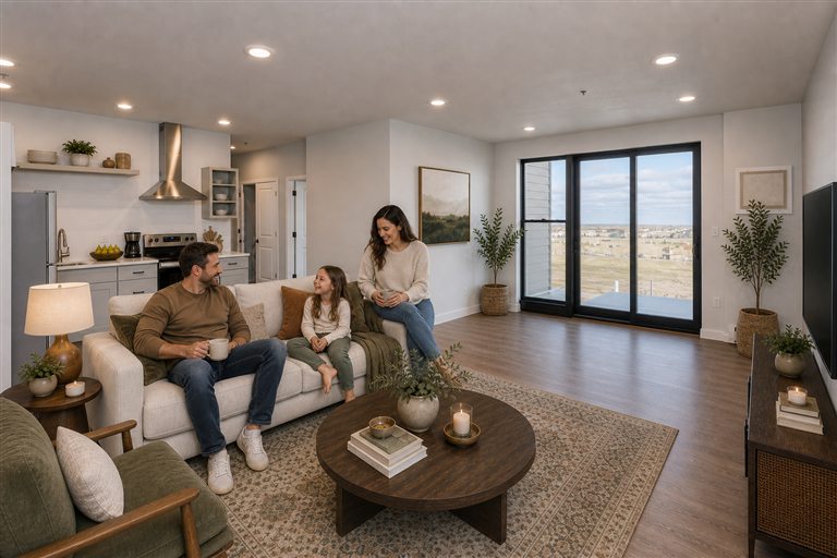 Family relaxing in a staged MAKT living room with large windows, open living space, and warm modern finishes