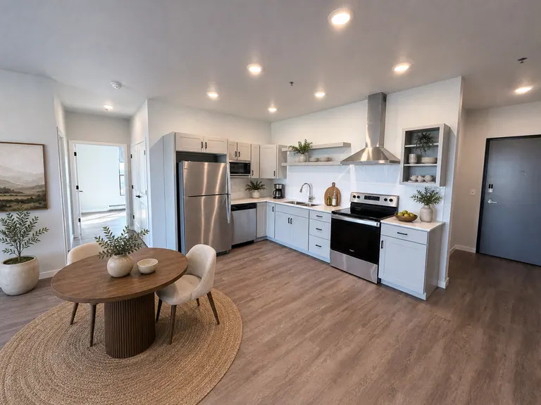 MAKT one-bedroom plus kitchen with stainless appliances, open shelving, and counter space