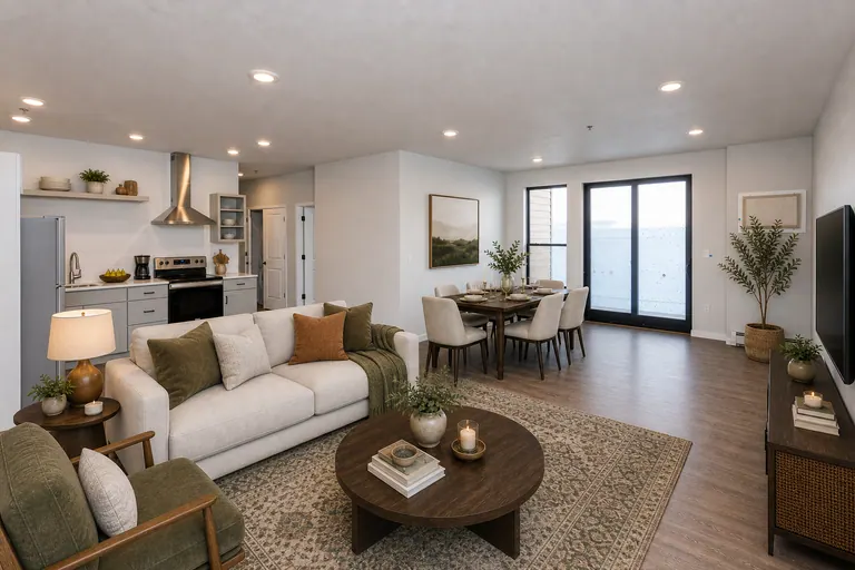 MAKT two-bedroom open living area with kitchen, wood-look flooring, and large windows