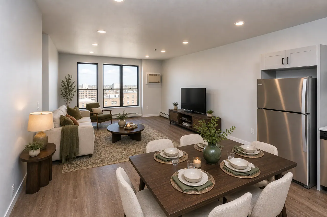 MAKT two-bedroom living area with TV console, rug, and warm decor