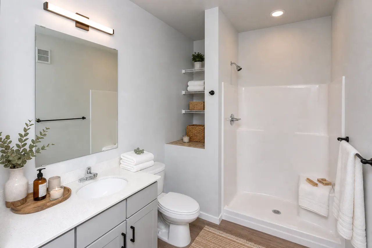MAKT bathroom with vanity, mirror, tub shower, and warm decor