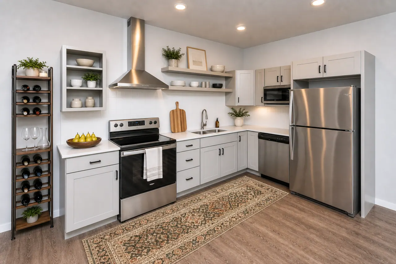 MAKT kitchen with stainless appliances, open shelving, and countertop decor