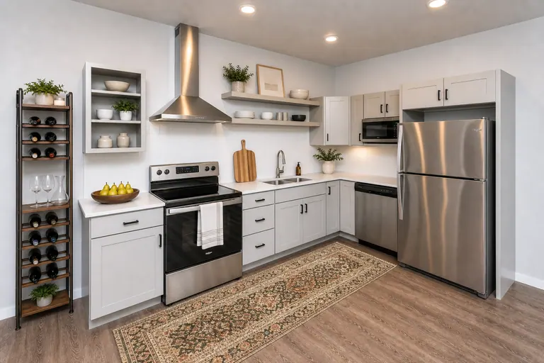 MAKT kitchen with stainless appliances, open shelving, white cabinetry, and counters