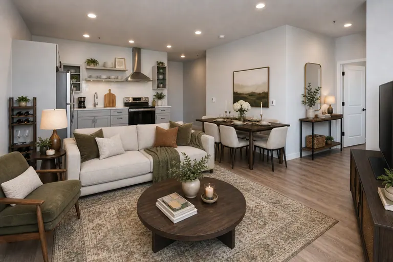 MAKT open living and dining layout showing continuous wood-look flooring, kitchen finishes, and large windows